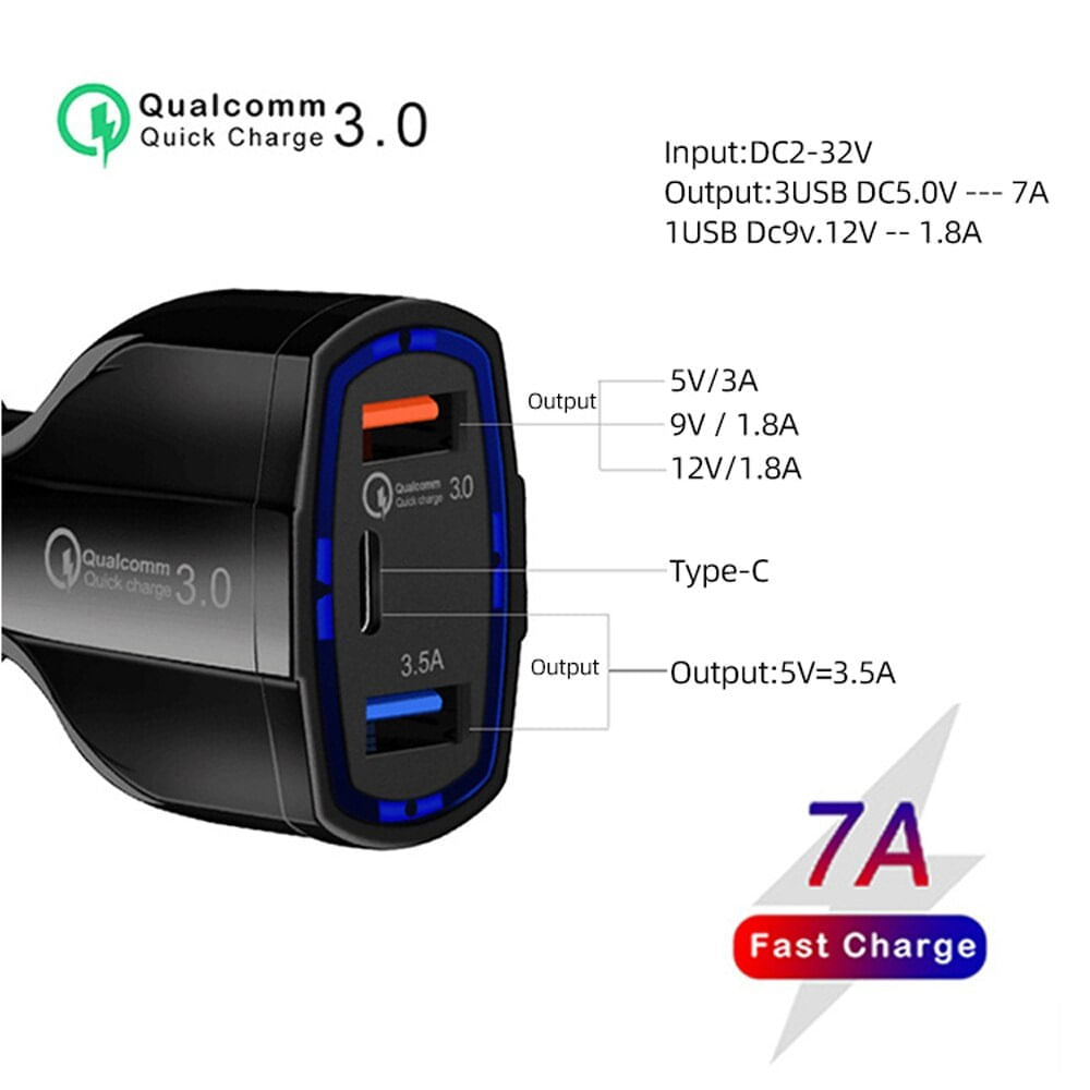 Cargador 12v Para Coche 2 Puertos Usb Qc 3.0 Con Cable Usb C