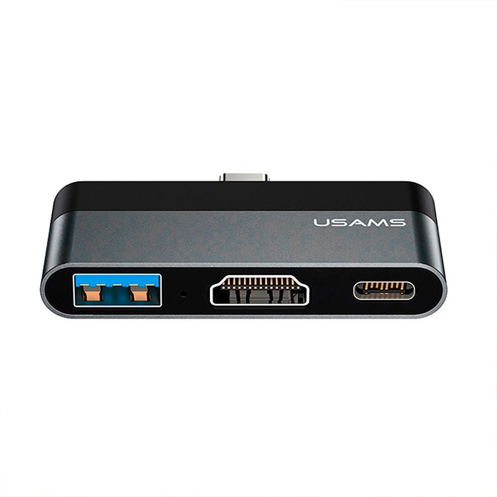 Adaptador Usams Type-C Mini HUB a Type-C + USB 3.0 + HDMI Gris Oscuro