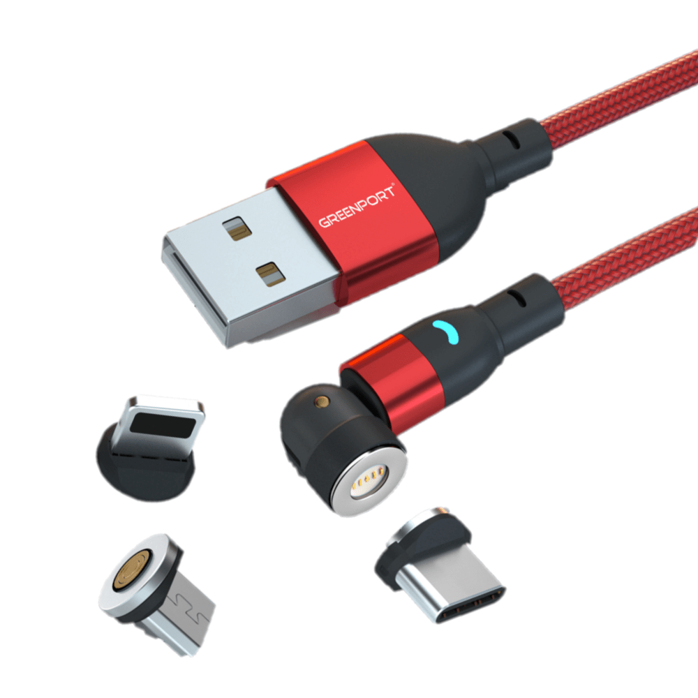 Cable Cargador Magnético 3A Greenport 540  MicroUsb Tipo C Ios Rojo 1M