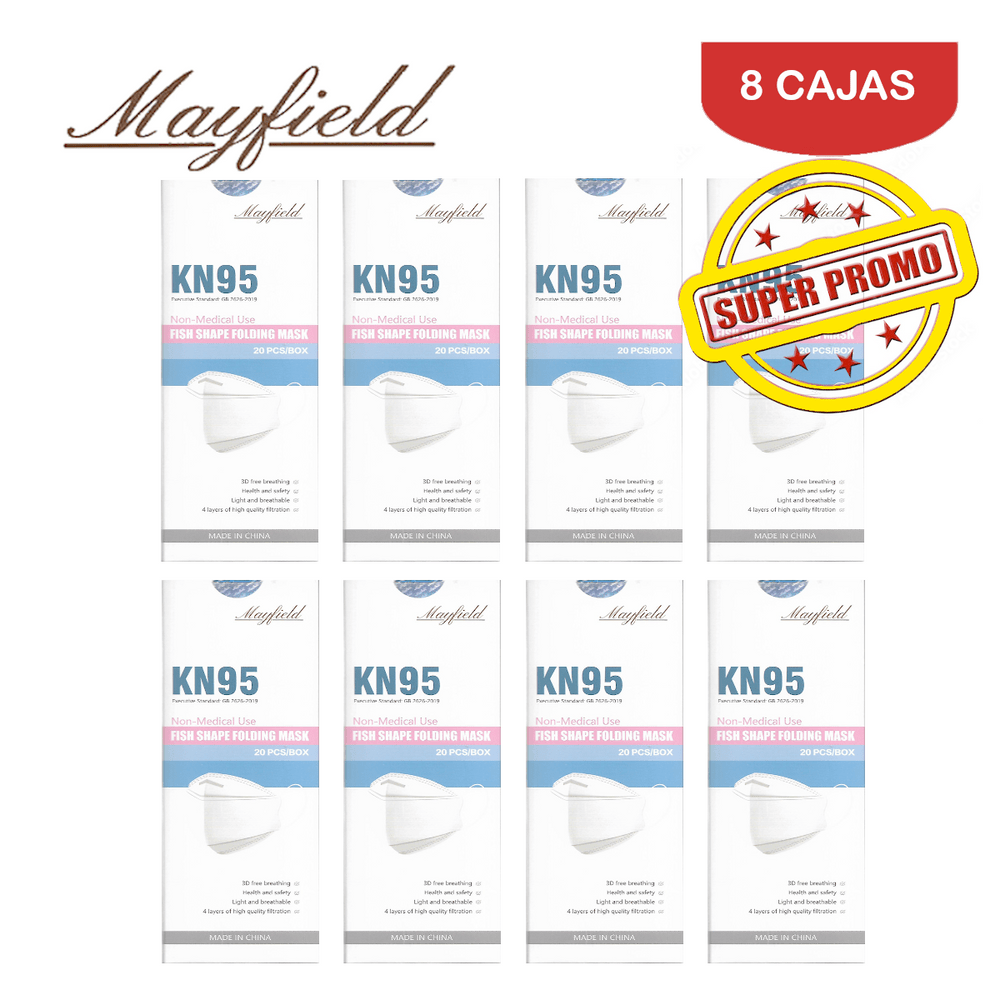 Mascarilla KN95 Mayfield Fish Shape 3D Negro Caja*20und Pack 8 Cajas