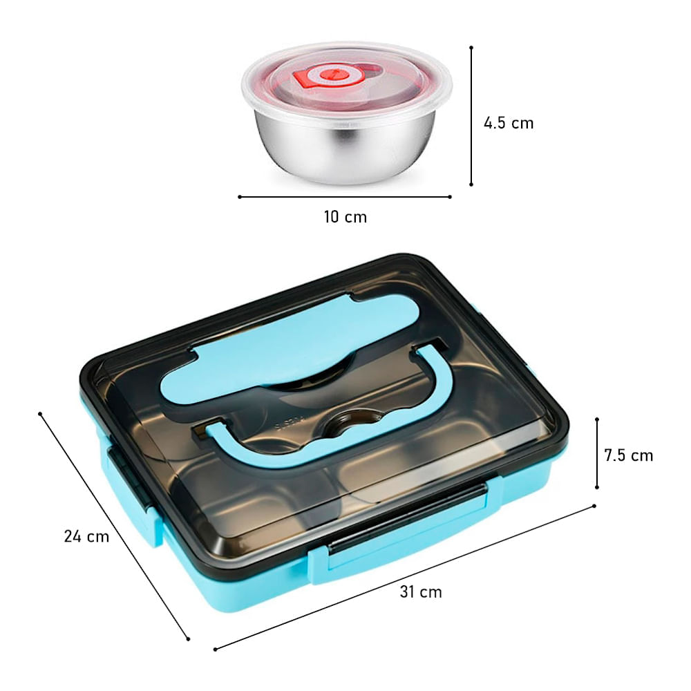 Lonchera Táper de Comida y Alimentos 5 Divisiones con Asa + Cubiertos  Celeste