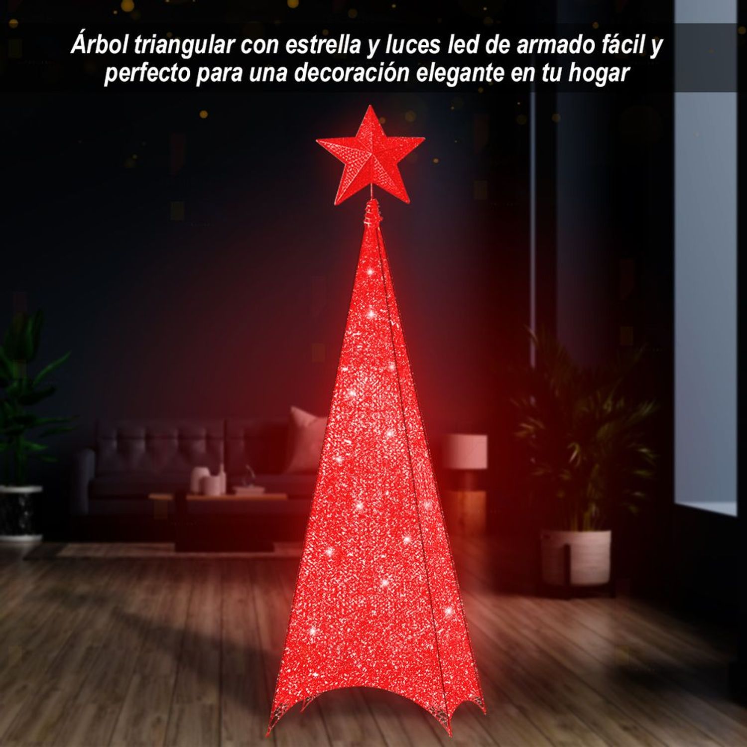 Árbol Navideño Triangular Rojo Con Estrella Y Luces LED De 1.8m ...