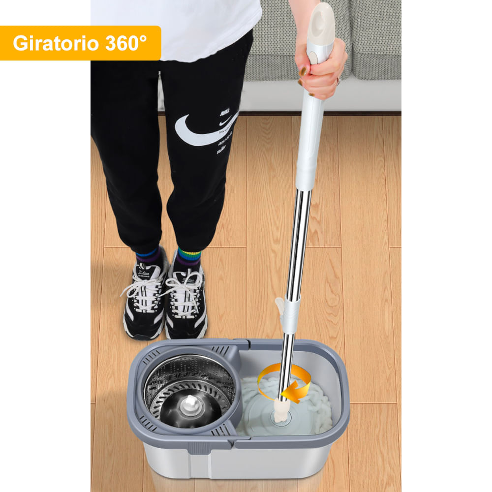 Balde Escurridor Trapeador Giratorio Automático Cuadrado Plomo