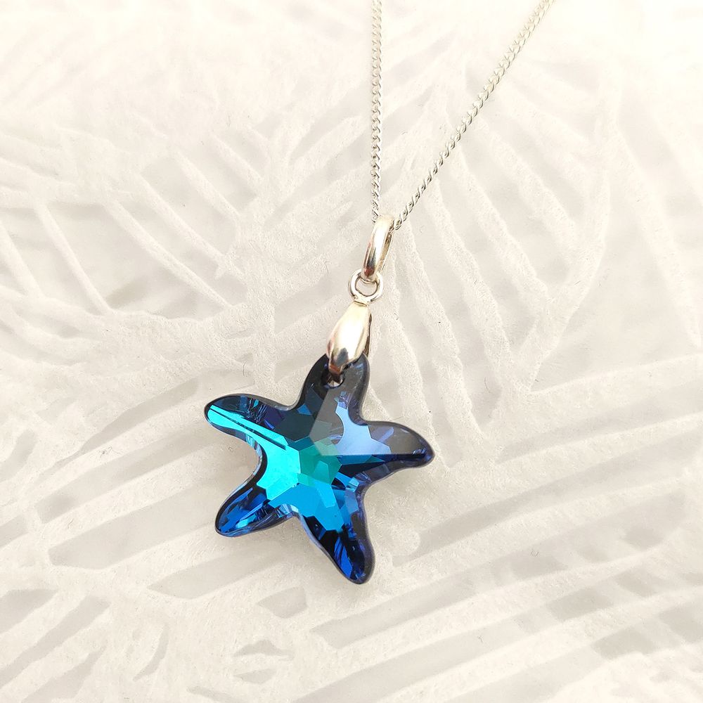 Collar de Plata con Dije Cristal Diseño Estrella de Mar Azul