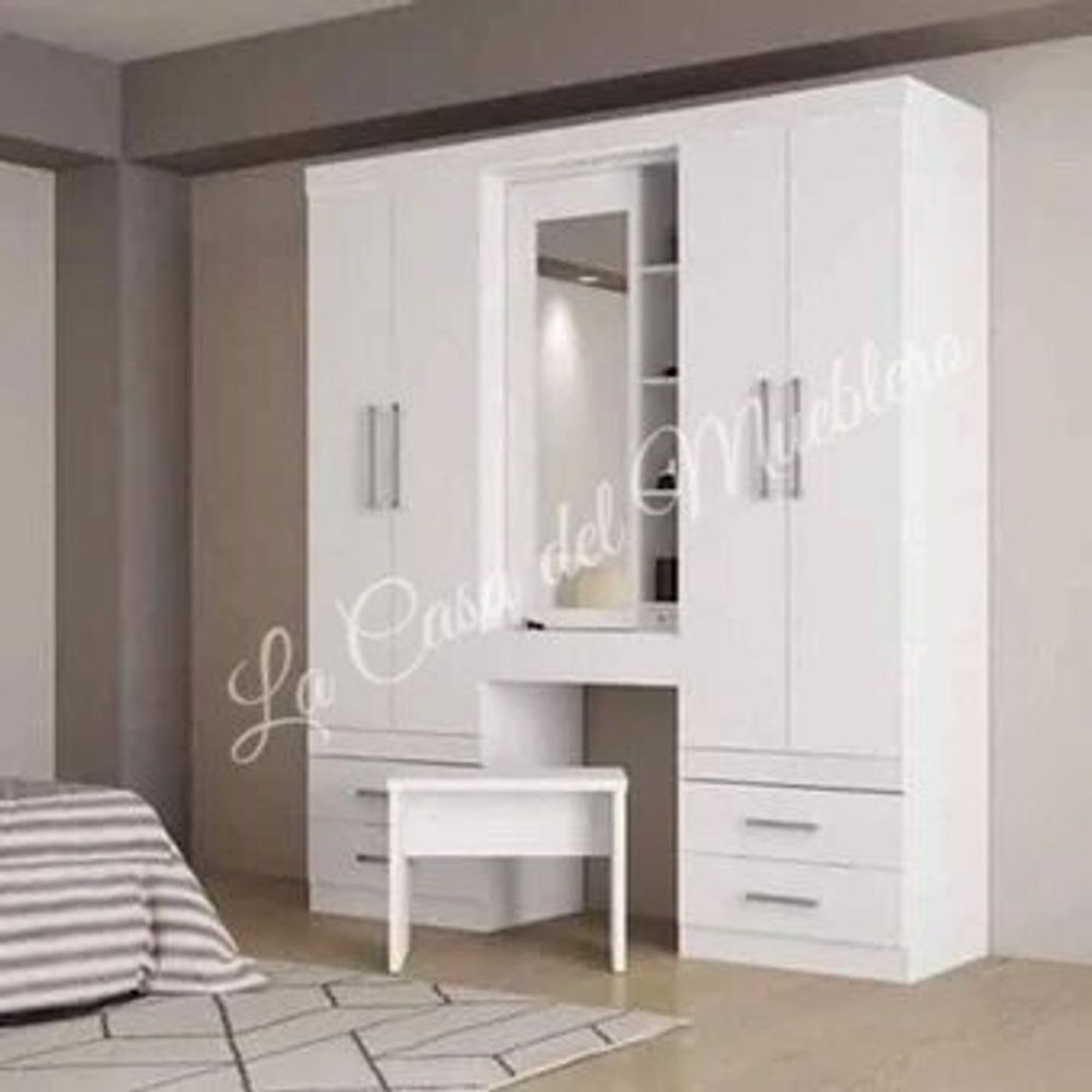 Dormitorio de diseño moderno, armario de madera blanca con espejo