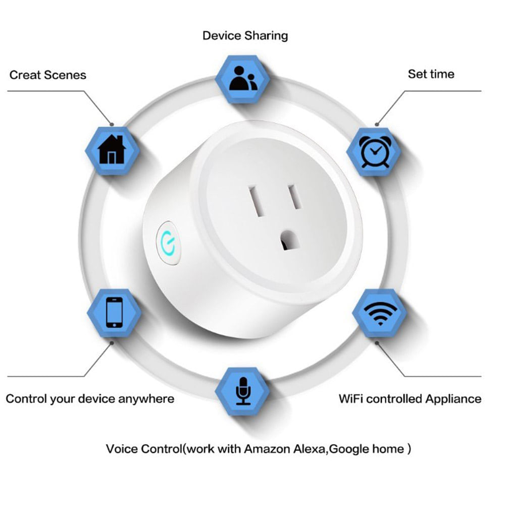 Enchufe tomacorriente Inteligente Wifi 10a Tuya-Bsd01 Compatible con Google  y Alexa +App Android IOS