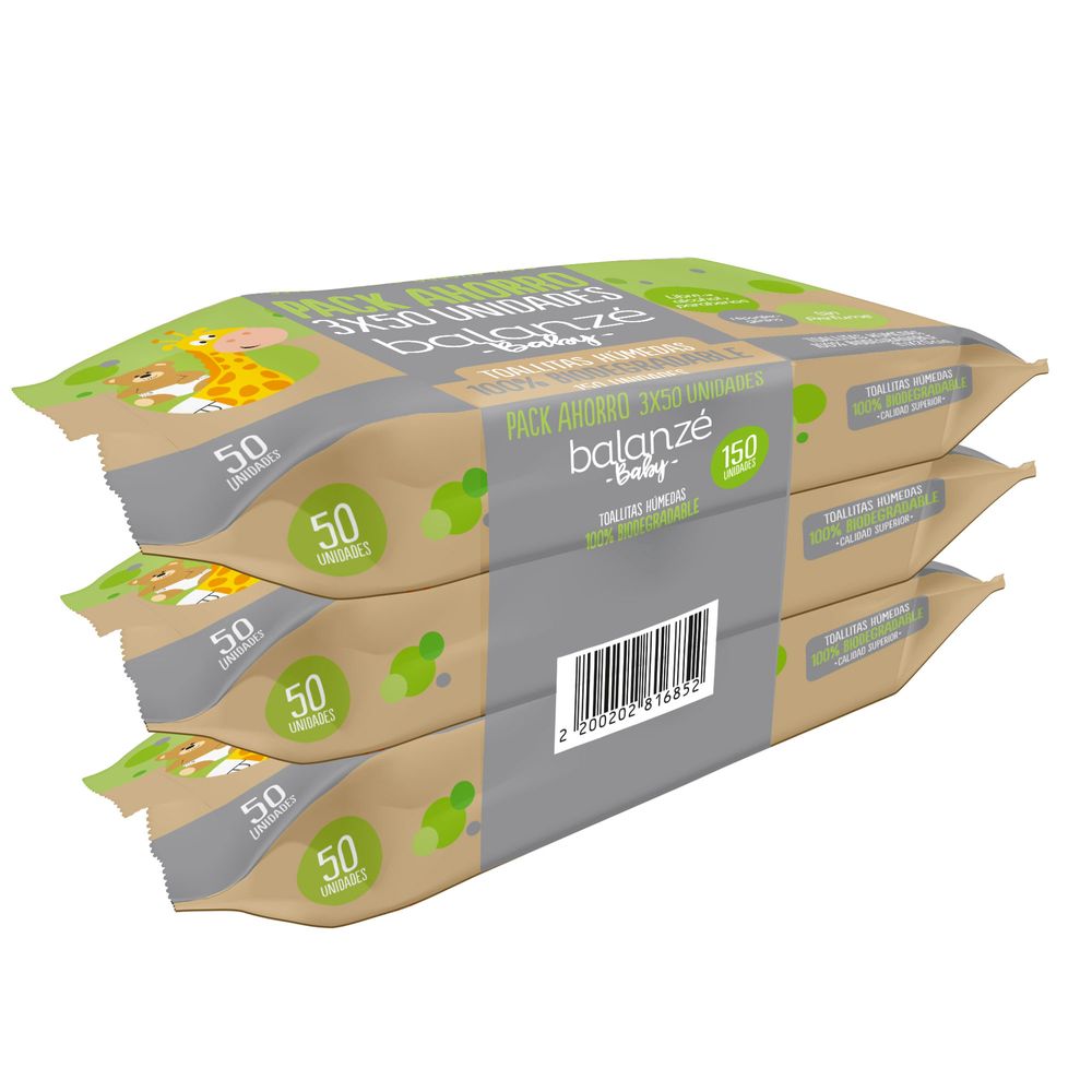 Pack de 3 toallitas húmedas biodegradables, 28 unidades c/u