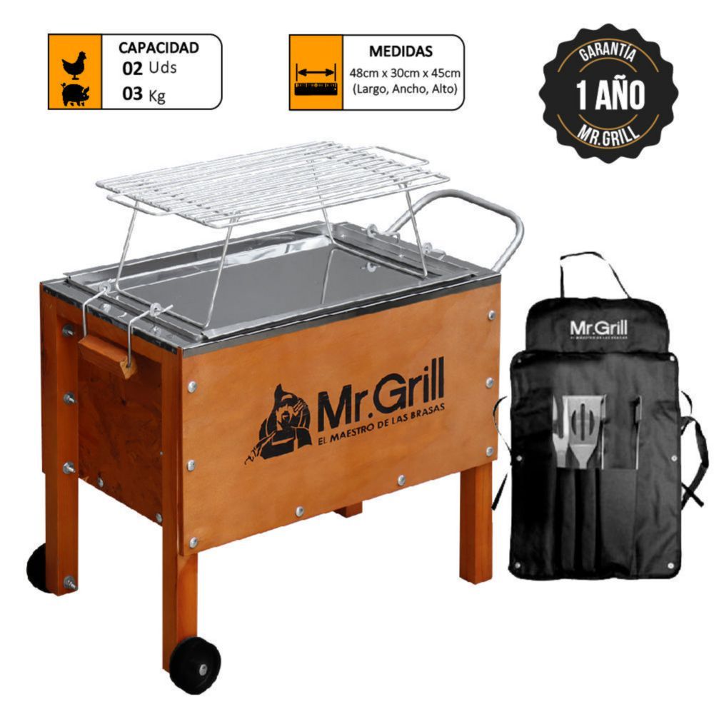 Caja China Chica Mr. Grill Acero Inox + Parrilla + Mandil Parrillero Bbq X3