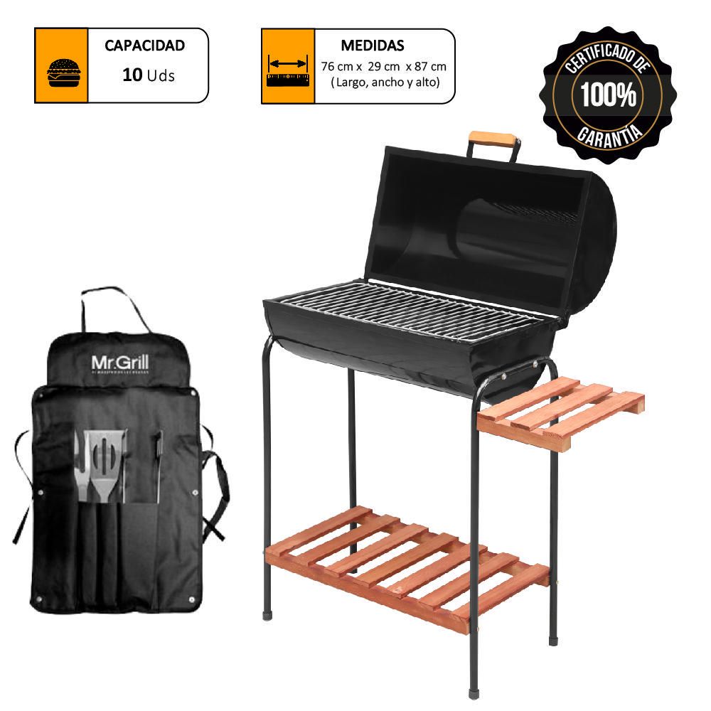 Parrilla Cilindrica Mr. Grill con Tapa + Mandil Bbq X3