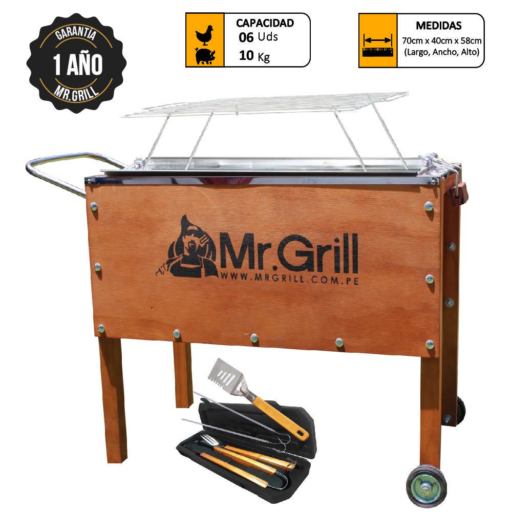 Caja China Mediana Mr. Grill Premium Acero Inox + Parrilla + Set Utensilios X 4