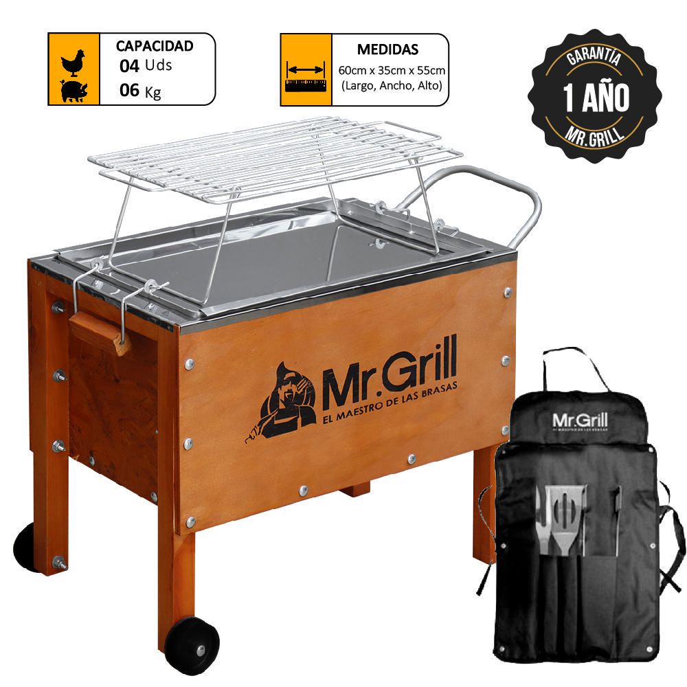 Caja China Mediana Mr. Grill Jr Acero Galvanizado + Parrilla + Mandil Parrillero Bbqx3