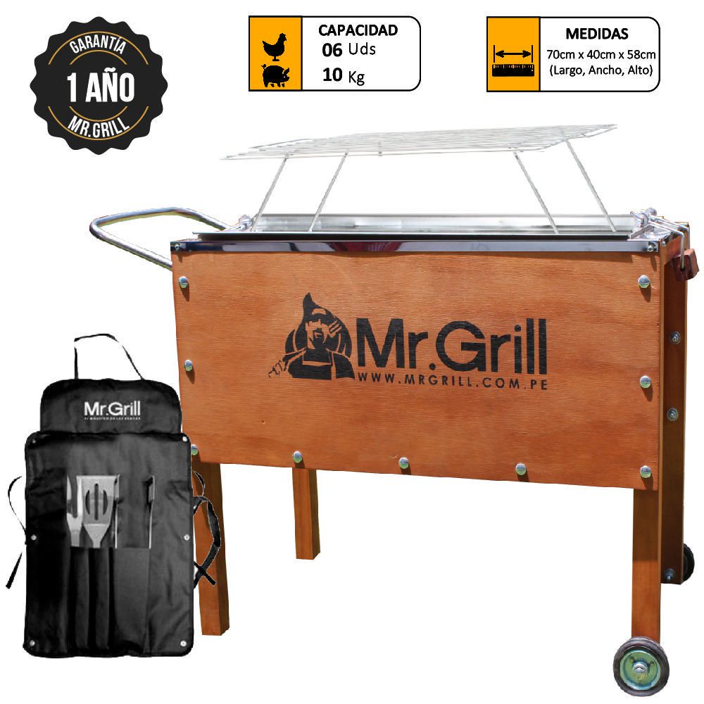Caja China Mediana Mr. Grill Premium Acero Mixta + Parrilla + Mandil Bbq X3