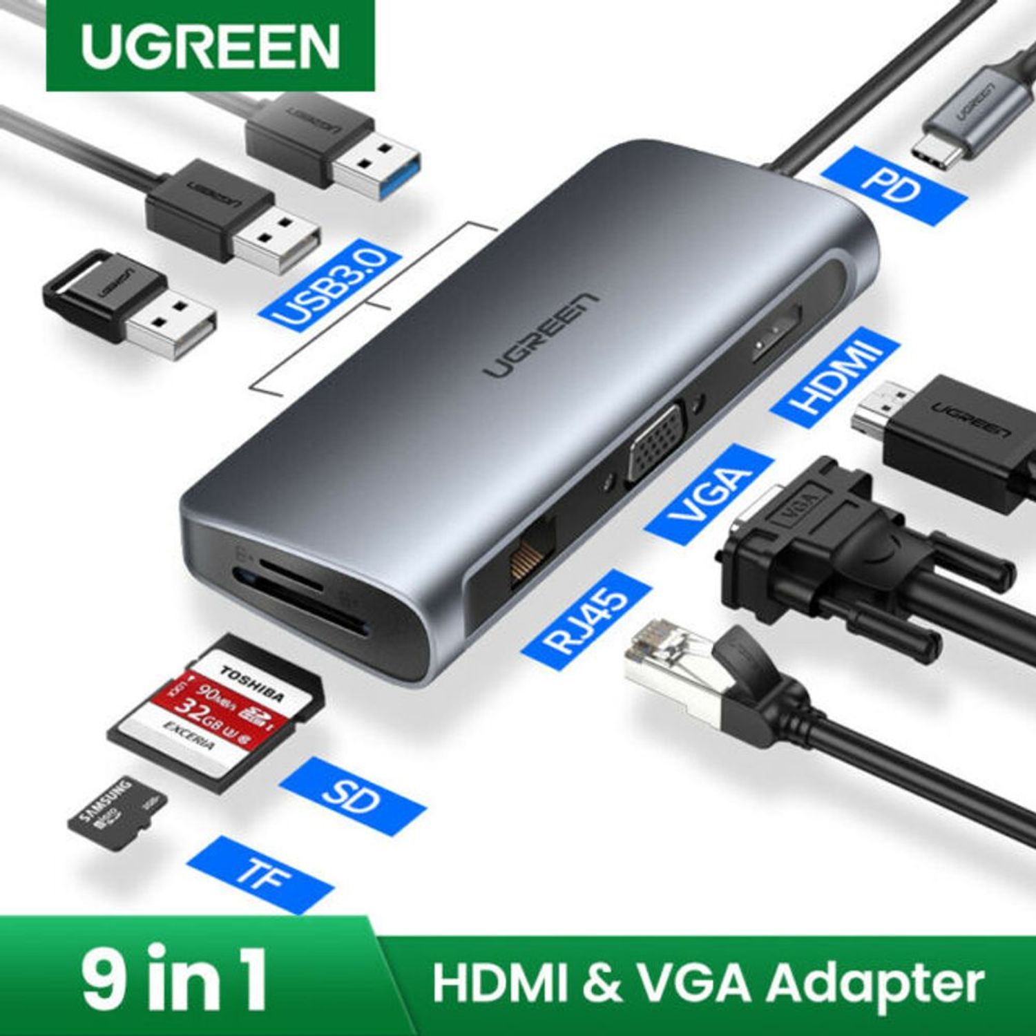 UGREEN HUB USB-C 9 EN 1 (3 USB 3.0 + HDMI + VGA + RJ45 + TF + SF + SD)  CM179 ( 40873 ) – SAHUA Perú