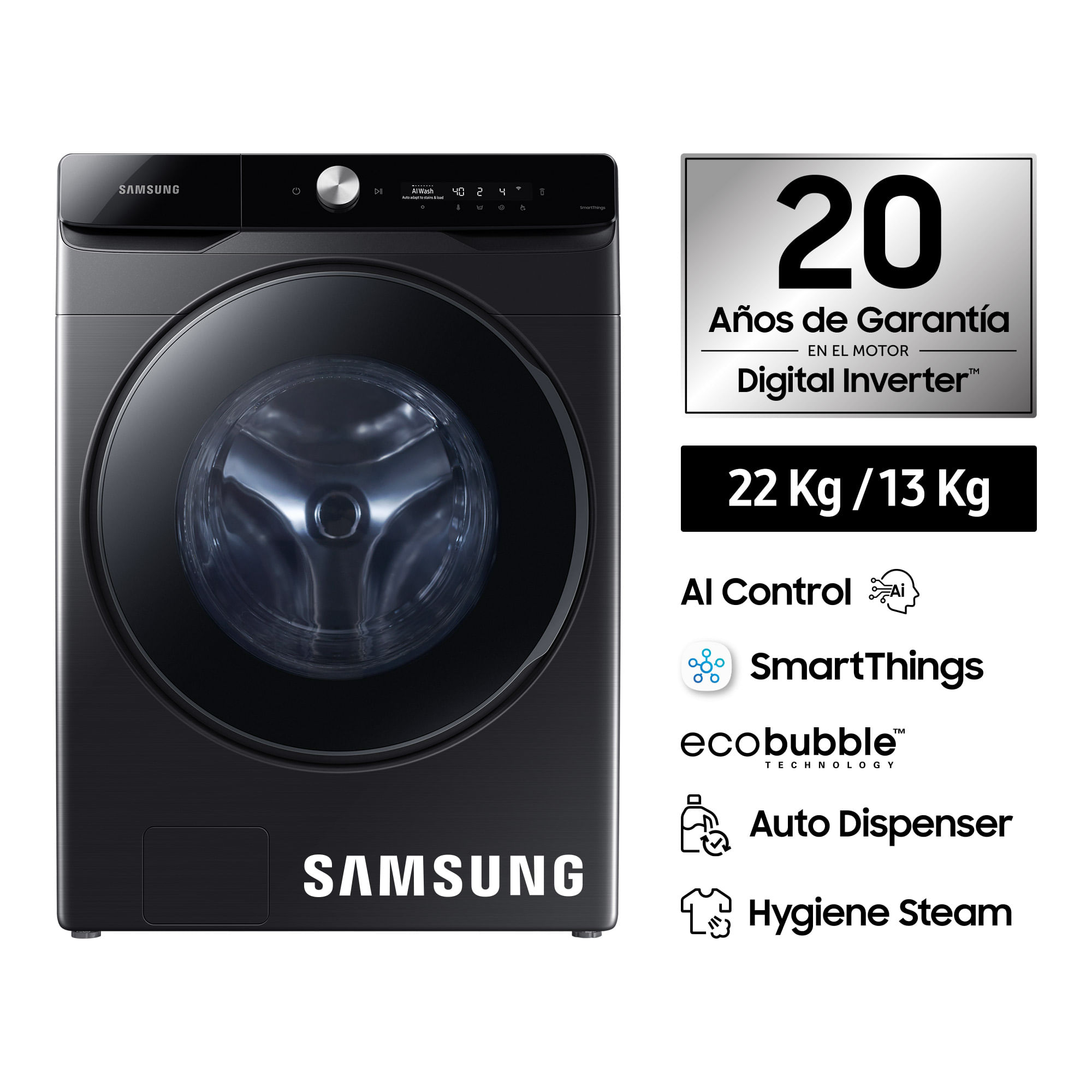 Lavaseca SAMSUNG Carga Superior/Carga Frontal 22 Kg/13Kg WD22T6500GV Negro
