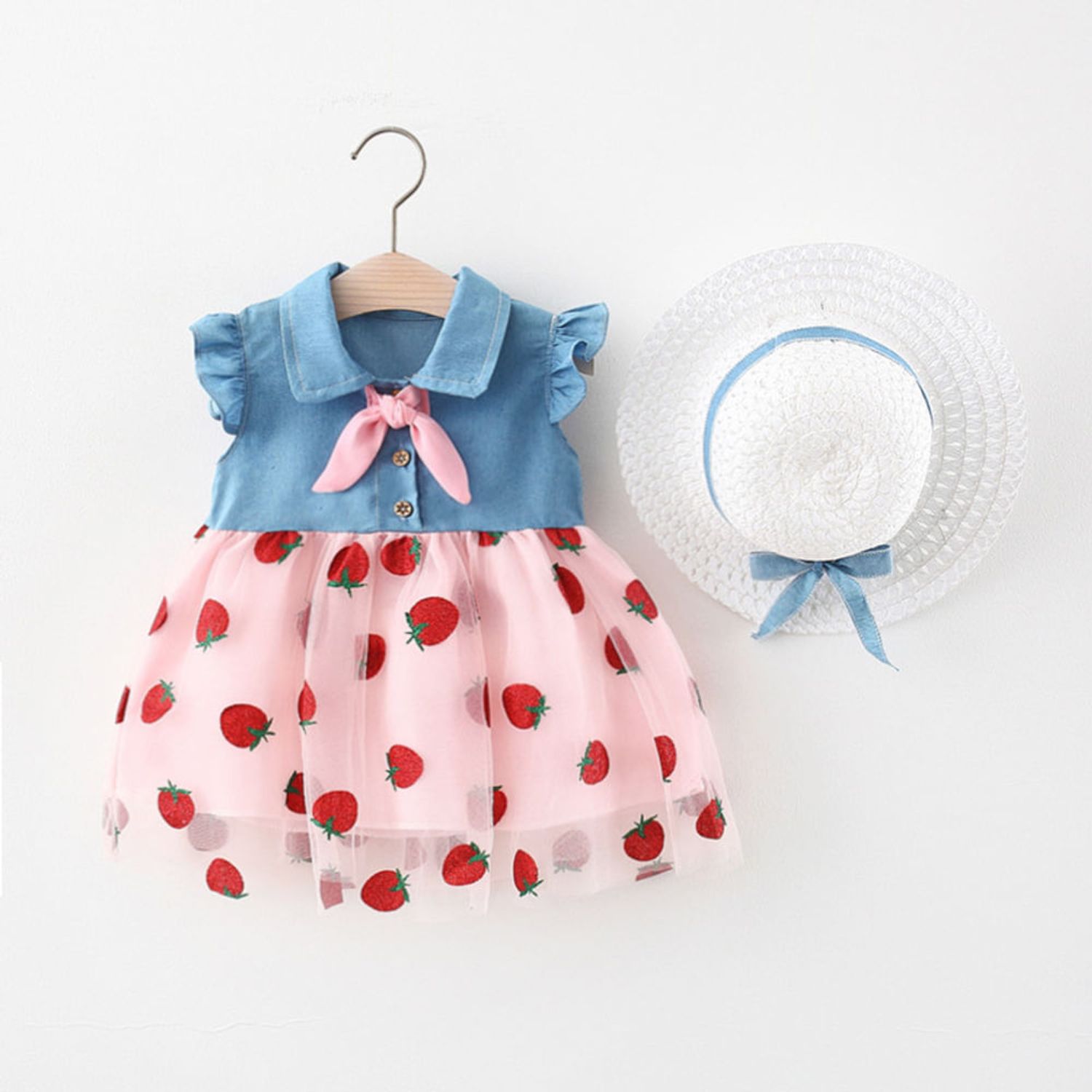 Vestido de Niña Con Estapado de Fresa + Sombrero Talla 3M Color Rosado |  Oechsle - Oechsle