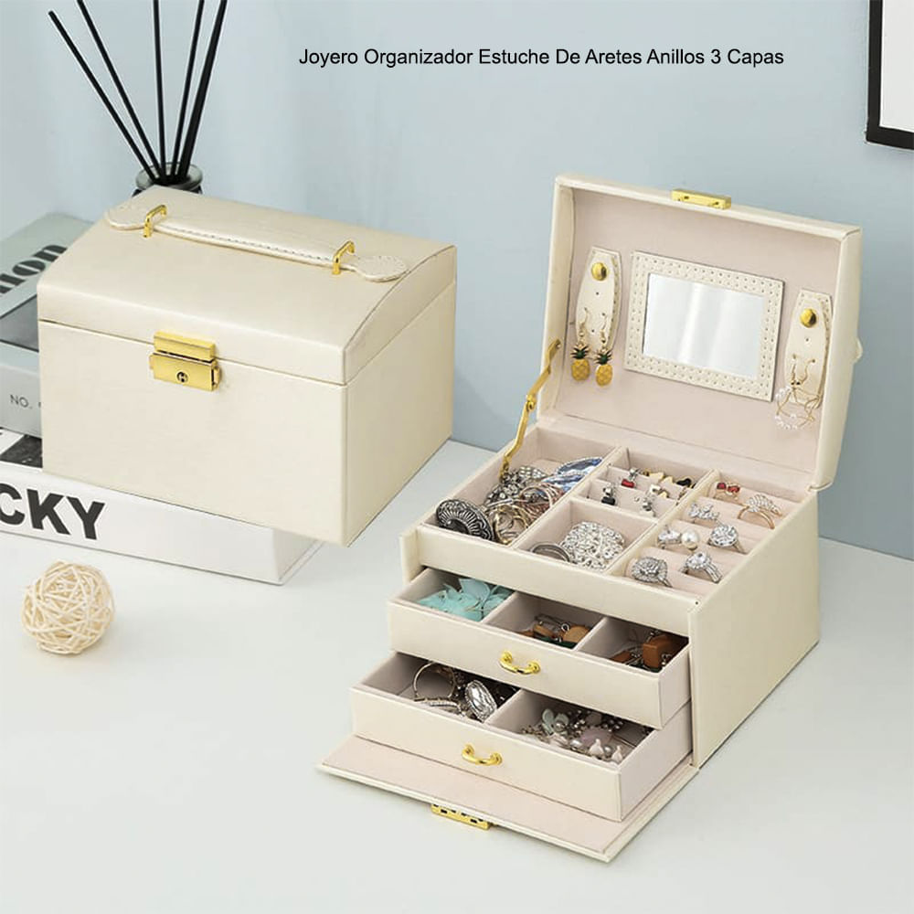 Joyero Maletín Organizador De Collar Aretes Anillos 3 pisos Blanco