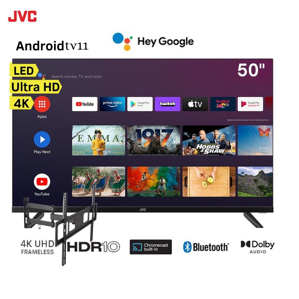 Televisor JVC LED Smart TV 50" Ultra HD 4K Frameless AndroidTv11 LT-50KB527 + Rack