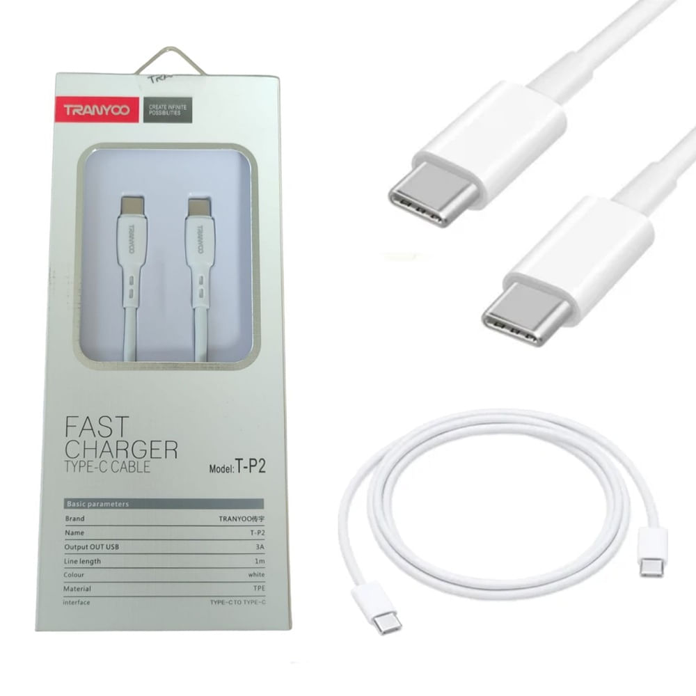 Cable 1 Metro TIPO C a TIPO C 3A TRANYOO Carga Rápida 18w Blanco