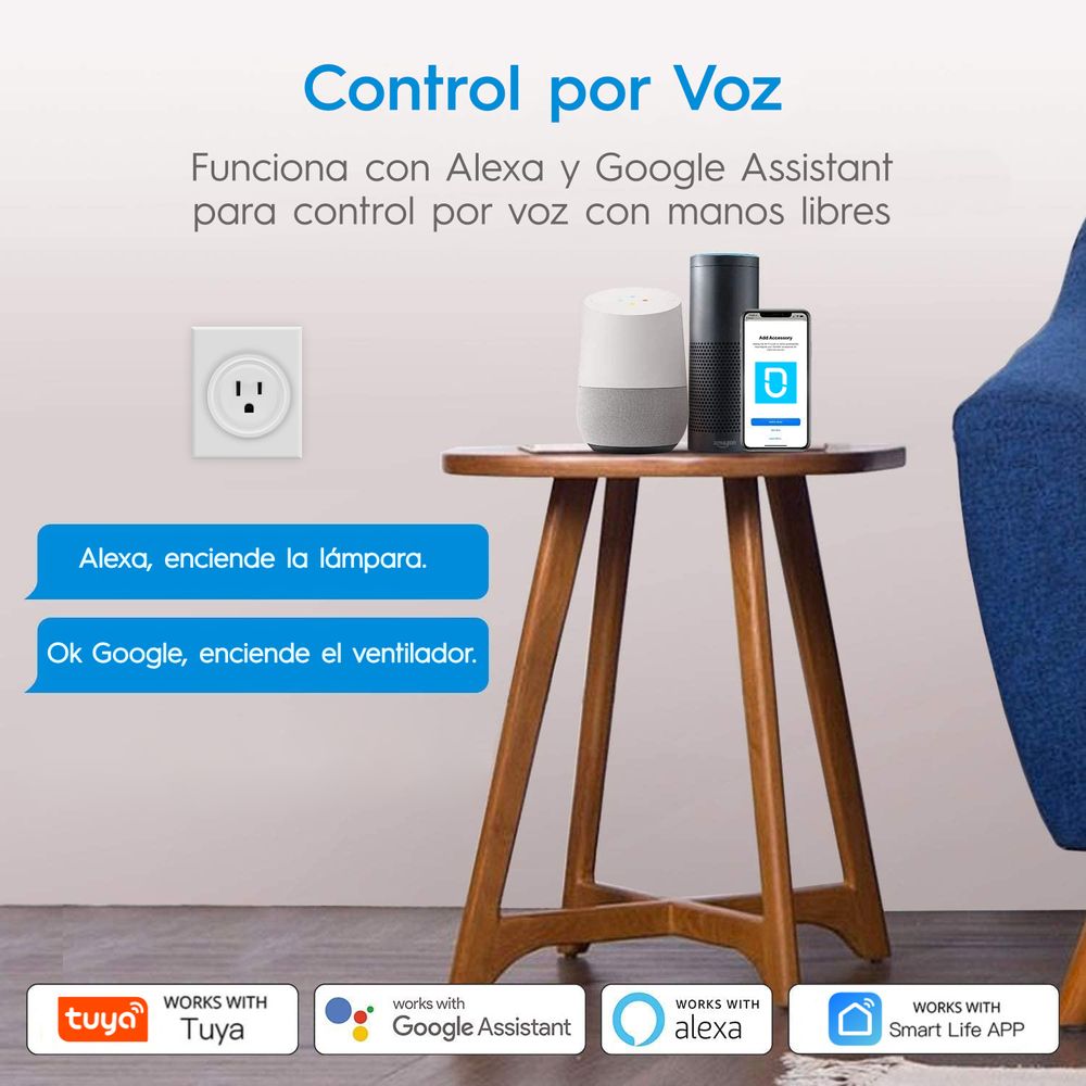 Enchufe tomacorriente Inteligente Wifi 10a Tuya-Bsd01 Compatible con Google  y Alexa +App Android IOS