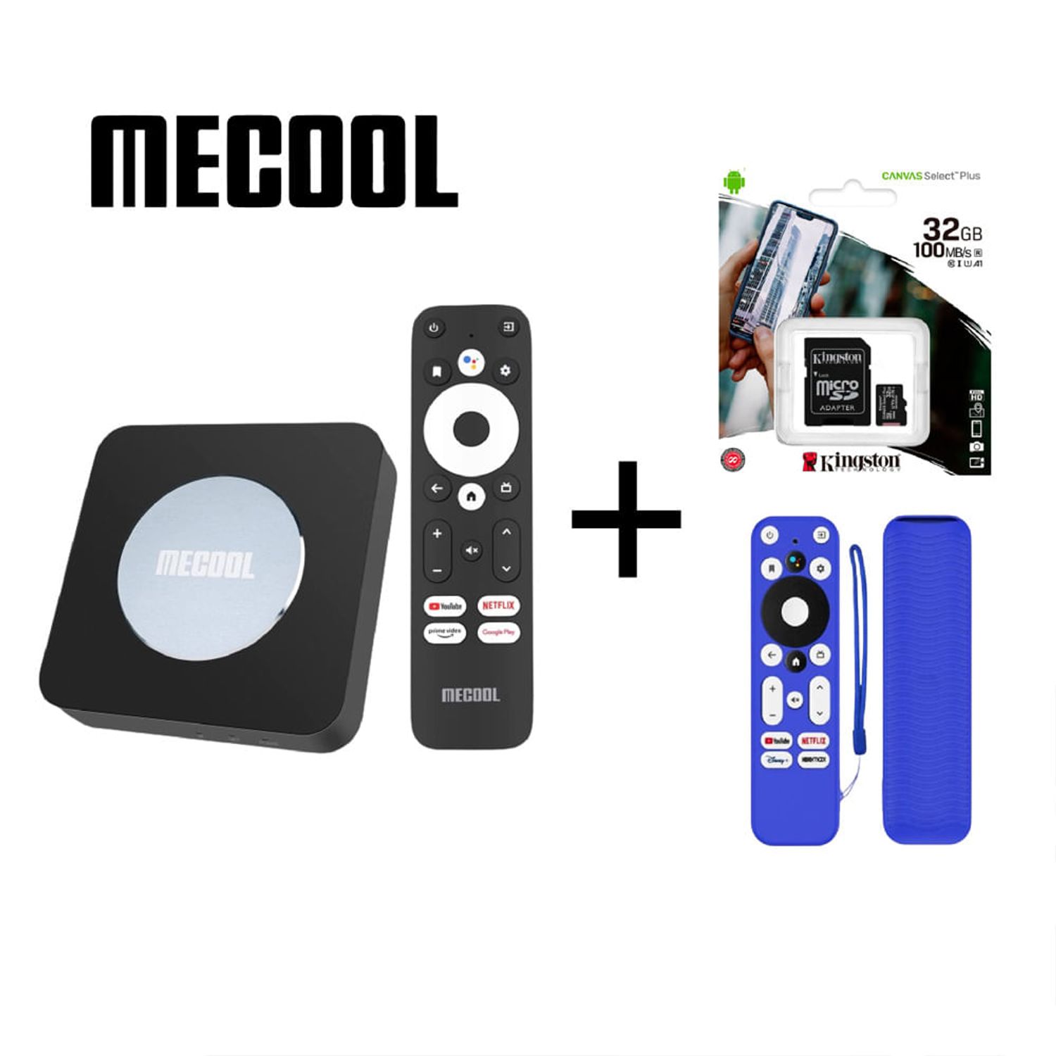 Mecool KM2 Plus + Funda azul protectora para mando y Memoria 32GB Kingston