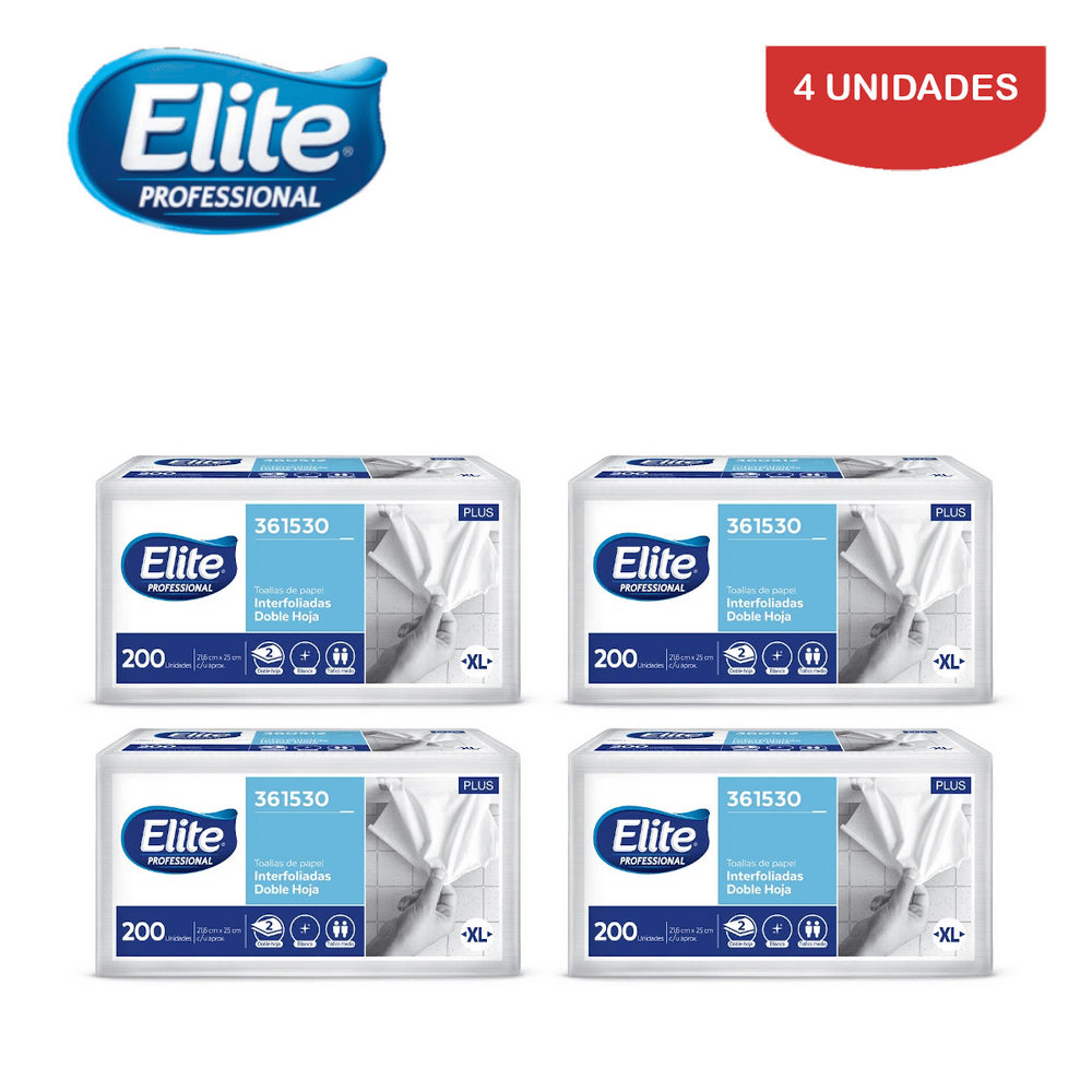 Papel Toalla Elite Plus Doble Hoja Interfoliada XL 200 Hojas  Pack 4 Unidades