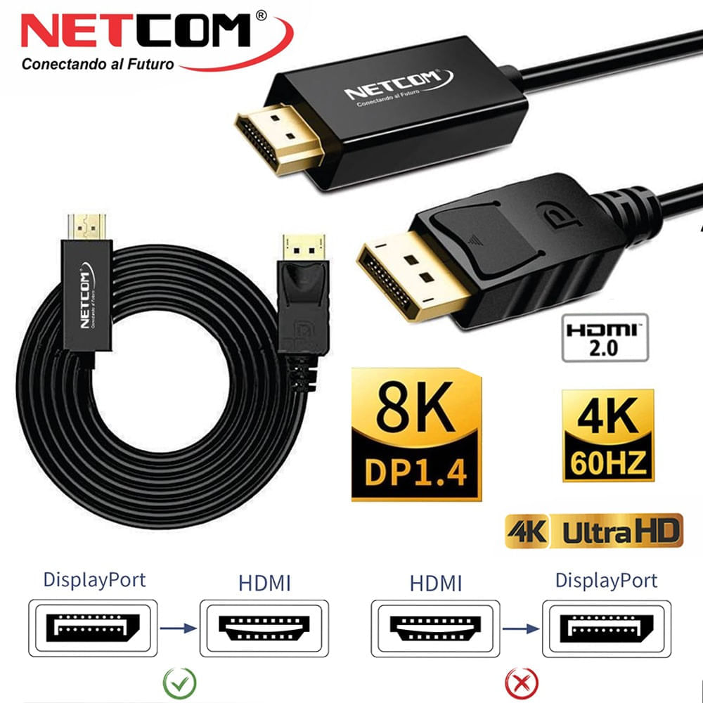 Cable Displayport a HDMI Netcom Pvc Macho 5 Metros 4k DP a HDMI