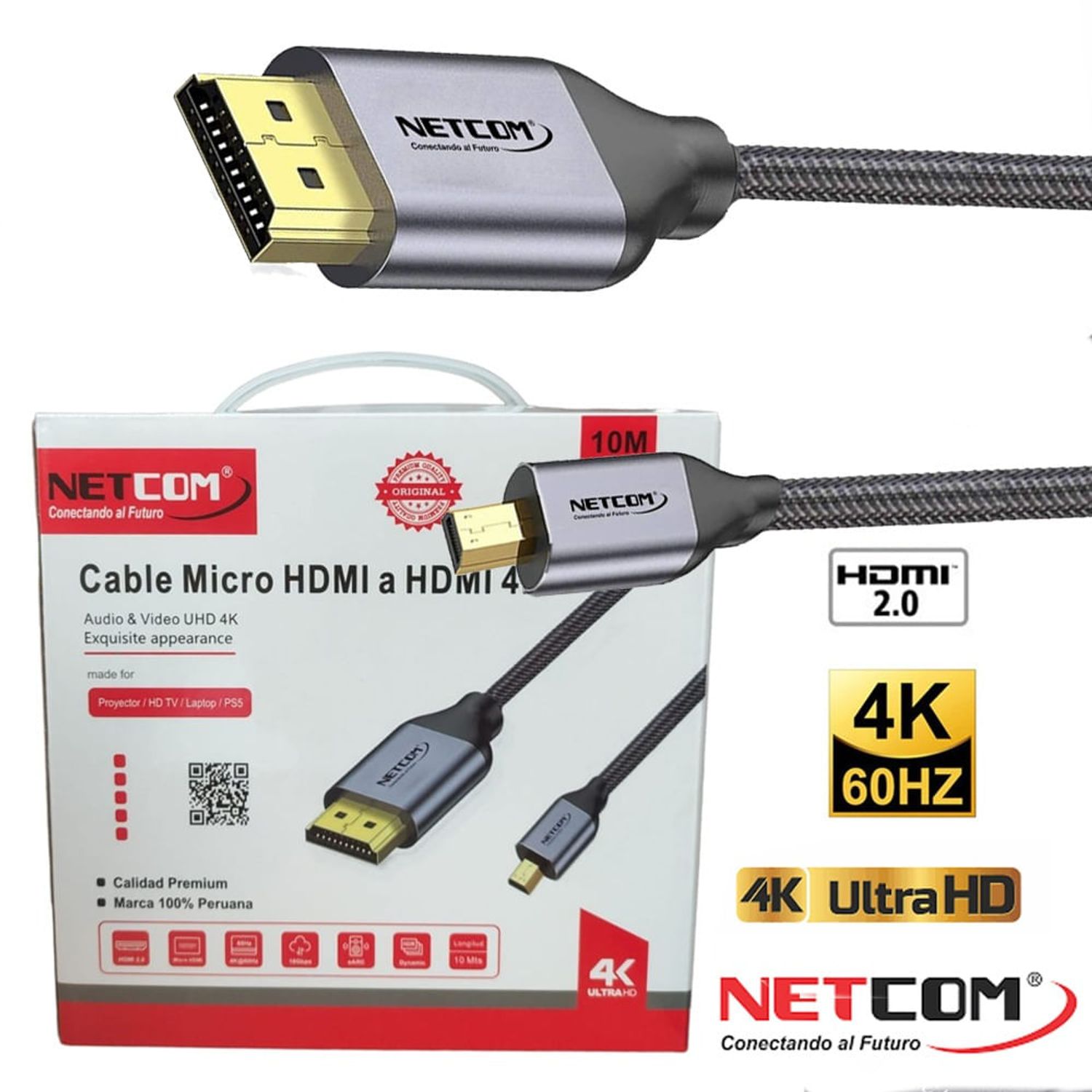 Cable Micro Hdmi a Hdmi 10 Metros NETCOM 2.0 4K 60 Hz ULTRA HD