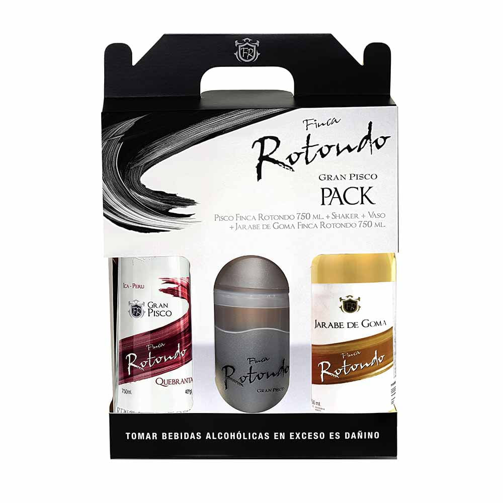Pack Pisco FINCA ROTONDO Pisco Quebranta Botella 750ml + Jarabe de Goma + Vaso + Shaker