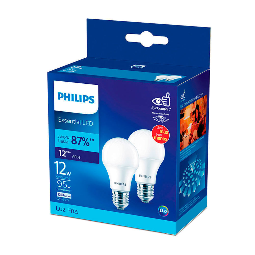 Foco LED Philips E27 12W Luz Fría x 2 unidades