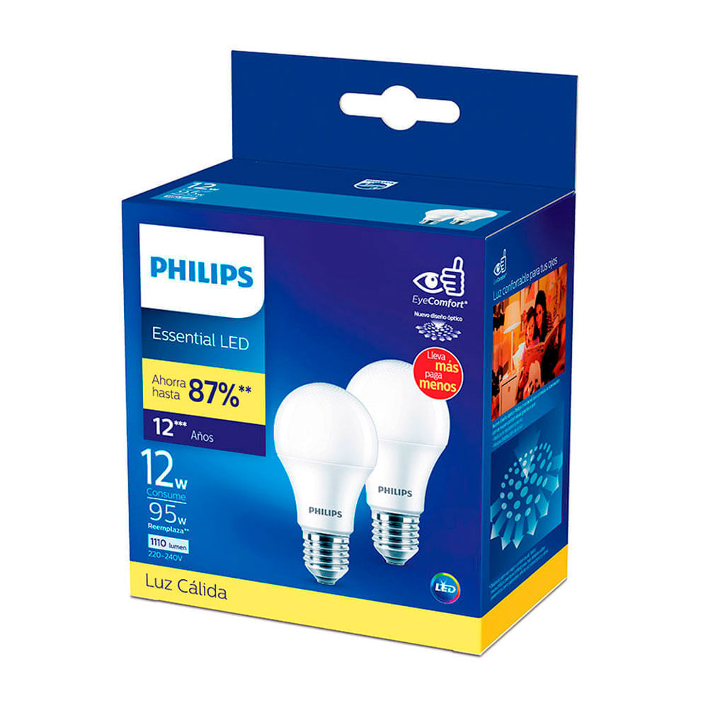 Foco LED Philips 12W Luz Cálida E27 Pack 2 Unidades