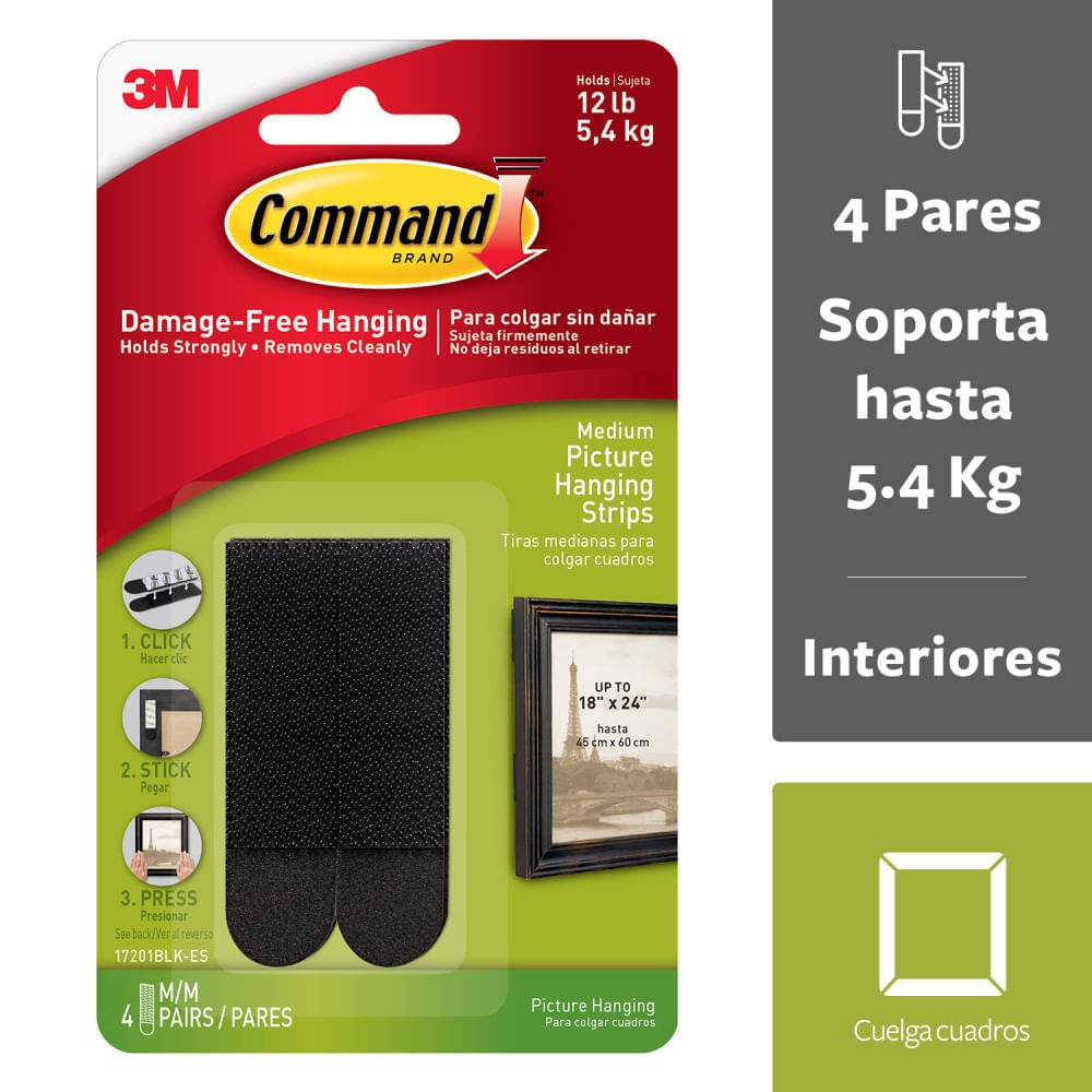 Tira Adhesiva 3M Command Sujetador de Cuadros 7x2cm, Soporta 5.4kg, 4 pares