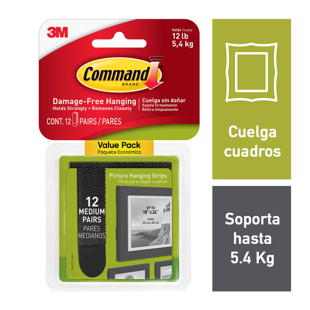 Tira Adhesiva 3M Command Sujetador de Cuadros 7x2cm, Soporta 5.4kg, 12 pares