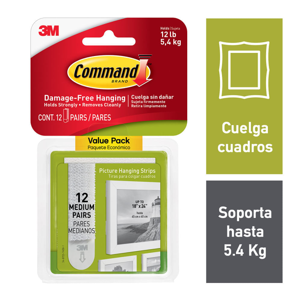 Tiras para Colgar Cuadros 3M Promo-pack, Medianas, Blancas, 12 pares
