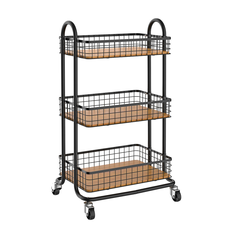 Carrito Organizador Cesta con Base de Madera 3 Niveles Negro Orange