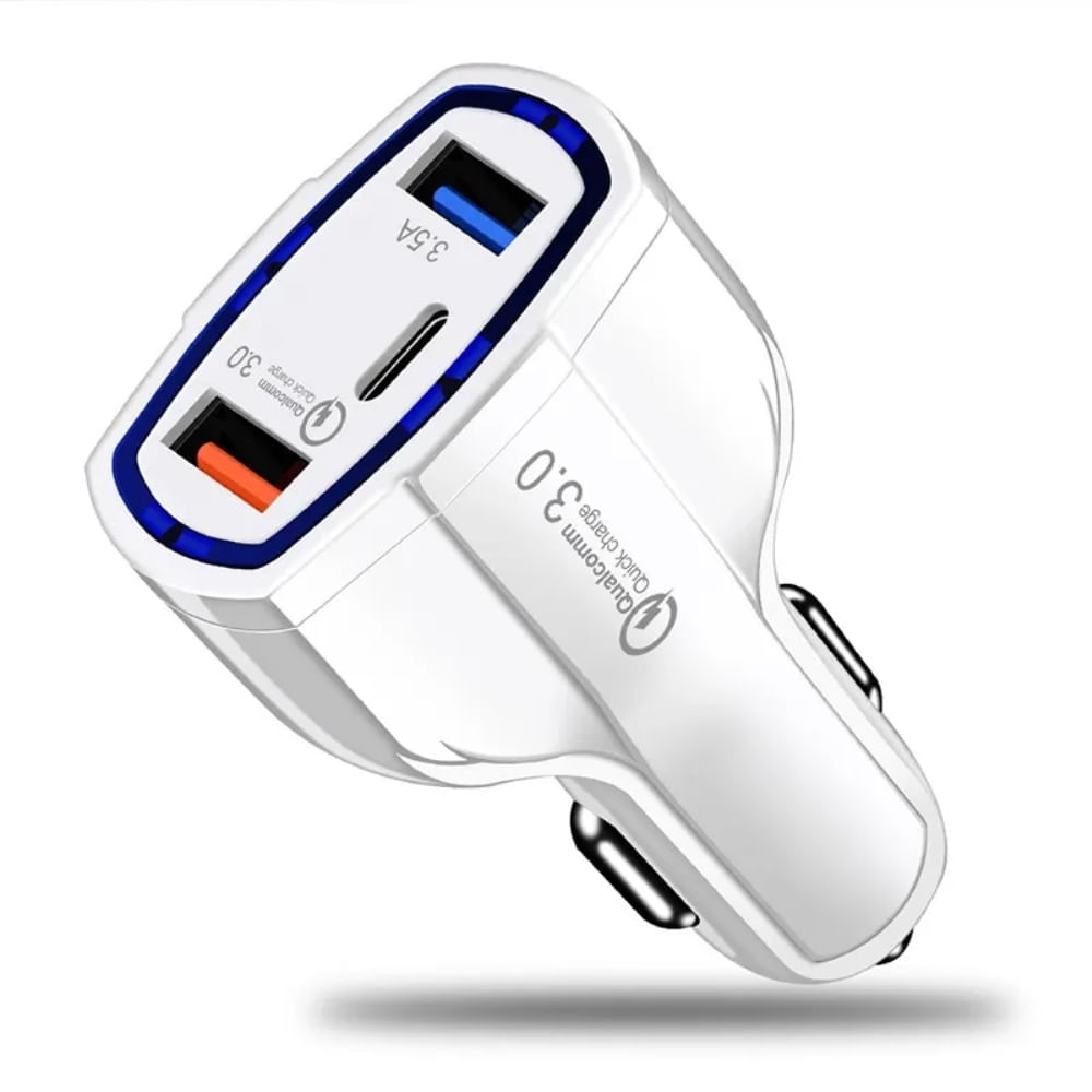 Cargador de Auto Carro 2 Puertos USB + 1 Tipo C Carga Rapida 35W QC 3.0 - BLANCO