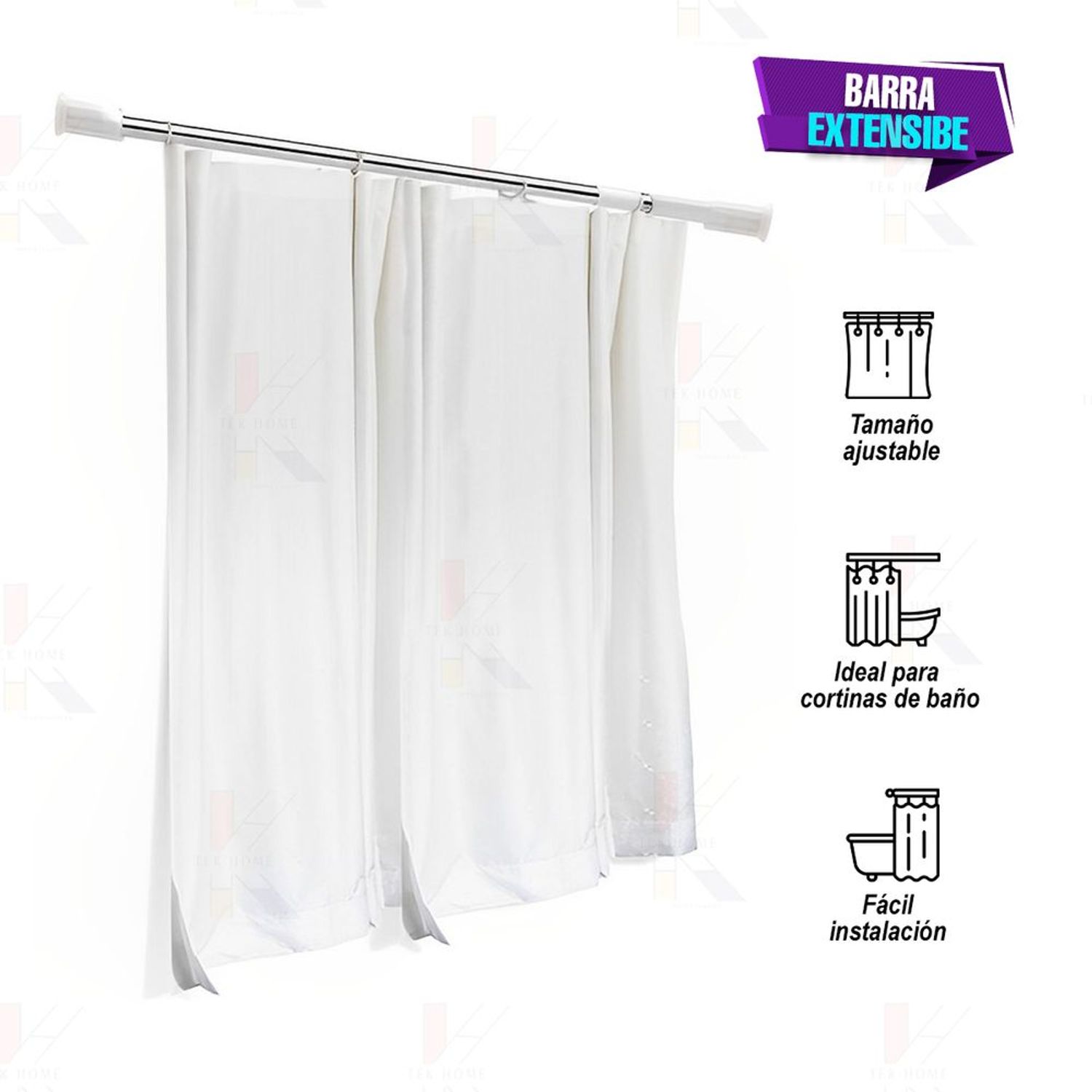 Barra extensible para cortina de baño, barra de presión, color blanco