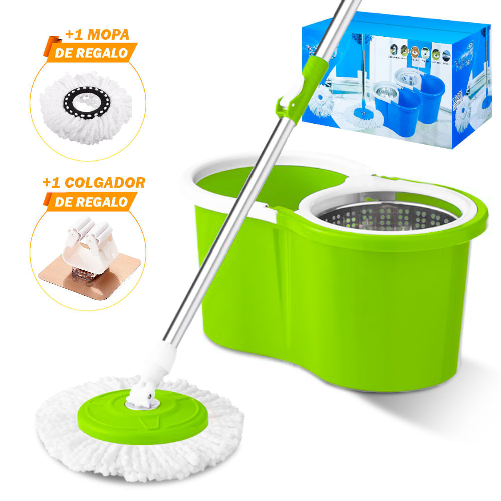 Trapeador con Escurridor Giratorio Automático 2 Mopas Verde 88 Y Colgador de Regalo