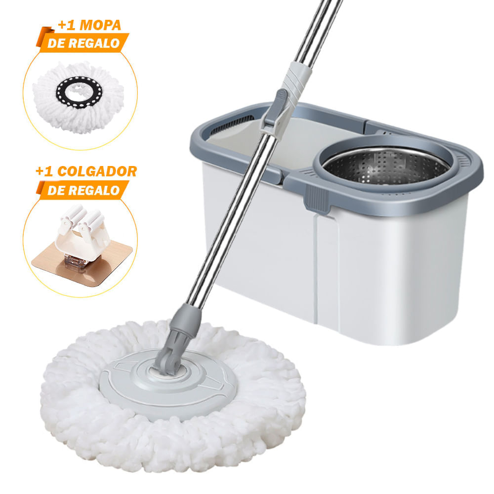 Balde Escurridor Trapeador Giratorio Automático Cuadrado Plomo 72V y Colgador de Regalo