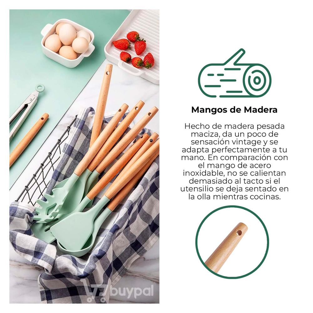 Set Utensilios Cocina Silicona Mango Madera 12 Pz Colores