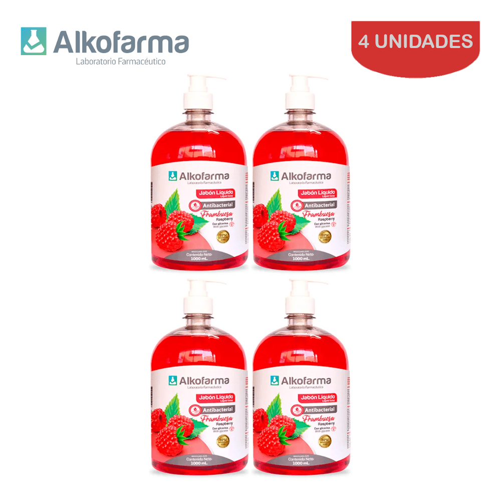 Jabón Líquido Antibacterial Alkofarma Litro Frambuesa Pack 4 Unidades