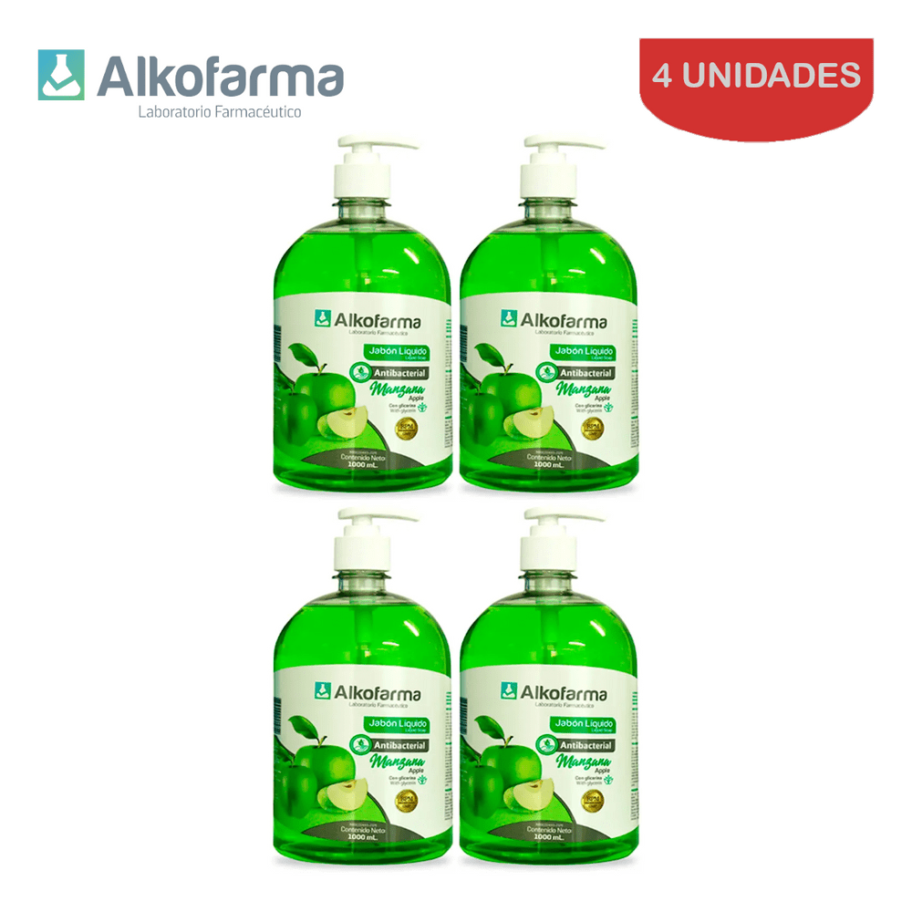 Jabón Líquido Antibacterial Alkofarma Litro Manzana Pack 4 Unidades