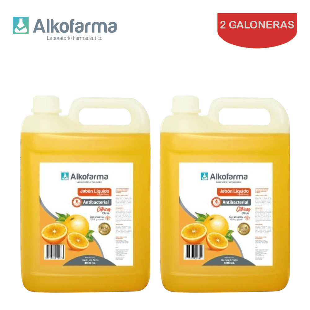 Jabón Líquido Antibacterial Alkofarma Galón 4 litros Cítricos Pack 2 galoneras