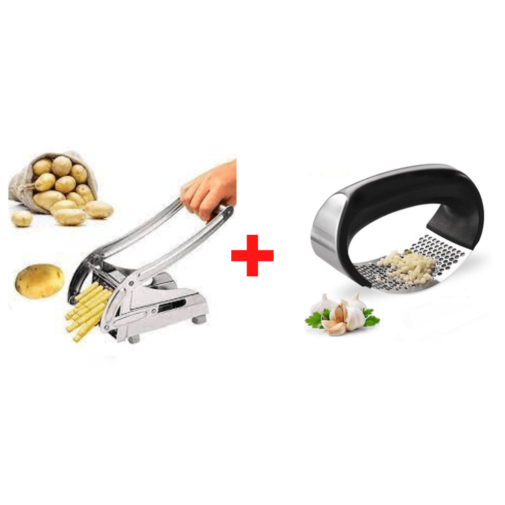 Combo Cortador de Papas Fritas + Prensador de  Ajos Manual