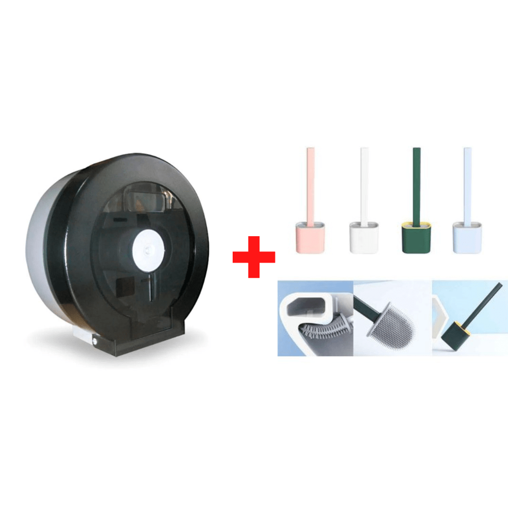 Combo Dispensador de Papel Higiénico Jumbo + Cepillo de  Silicona para Limpieza de Inodoro