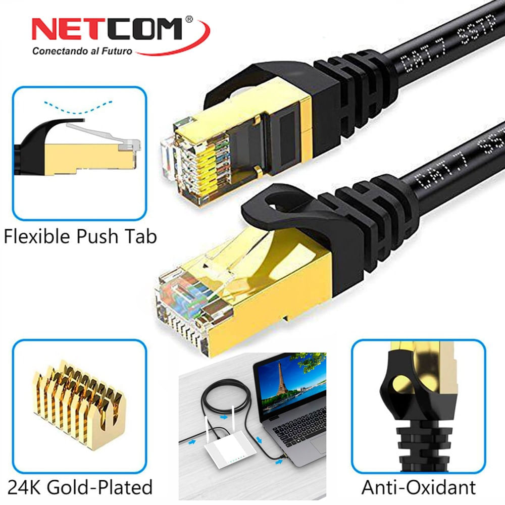 Cable de Red Cat 7 Netcom Rj45 10 Gbps 15 Metros Patch Cord Cat 7