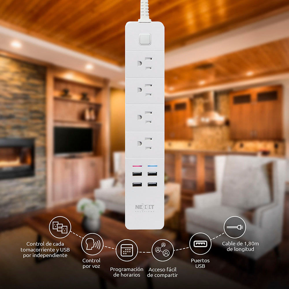 NexxtHome Regleta 4 Enchufes y 4Ptos USB Wifi usalo c/Alexa y Google