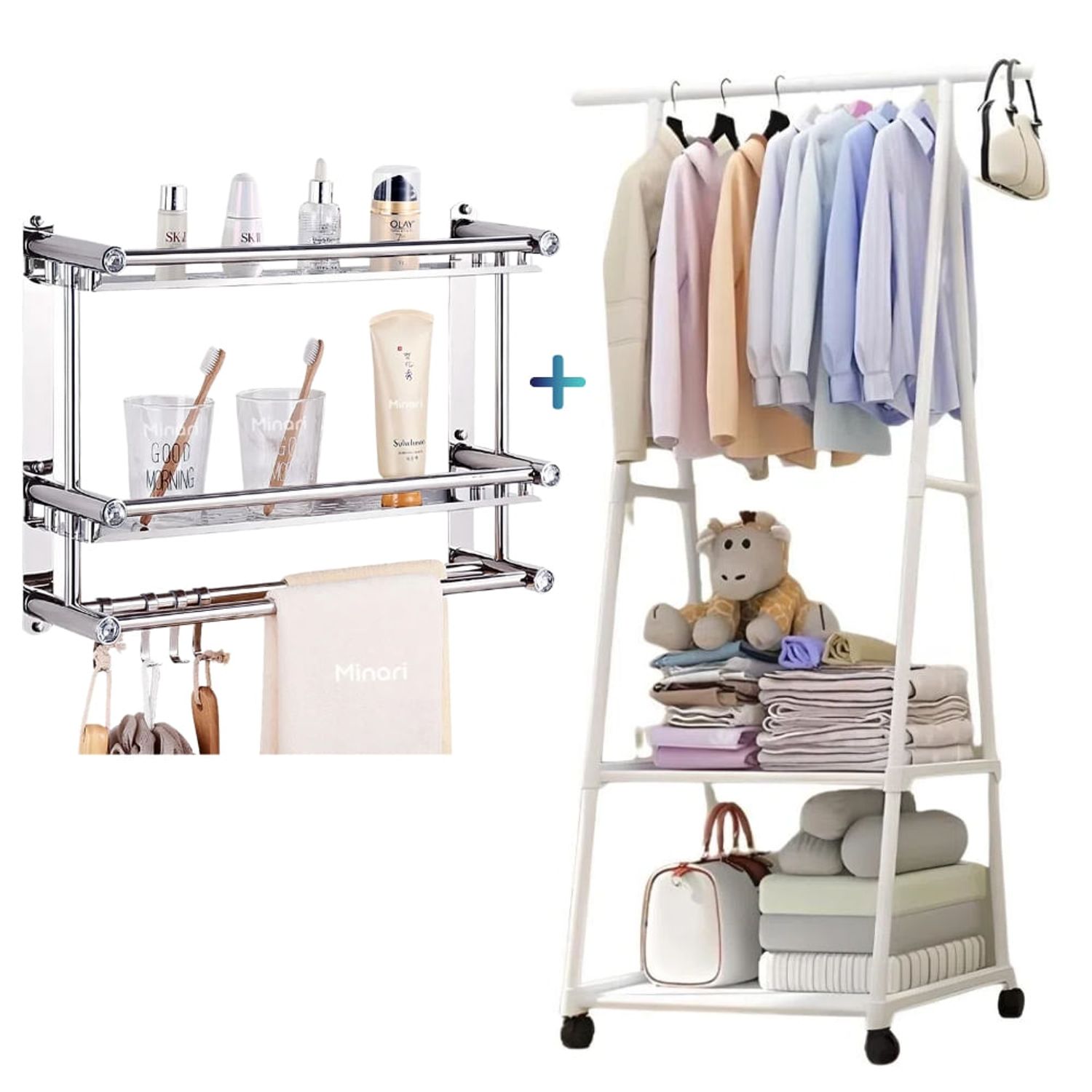 Organizador de Baño 352P + Colgador Perchero Exhibidor de Ropa BL 218P -  Oechsle