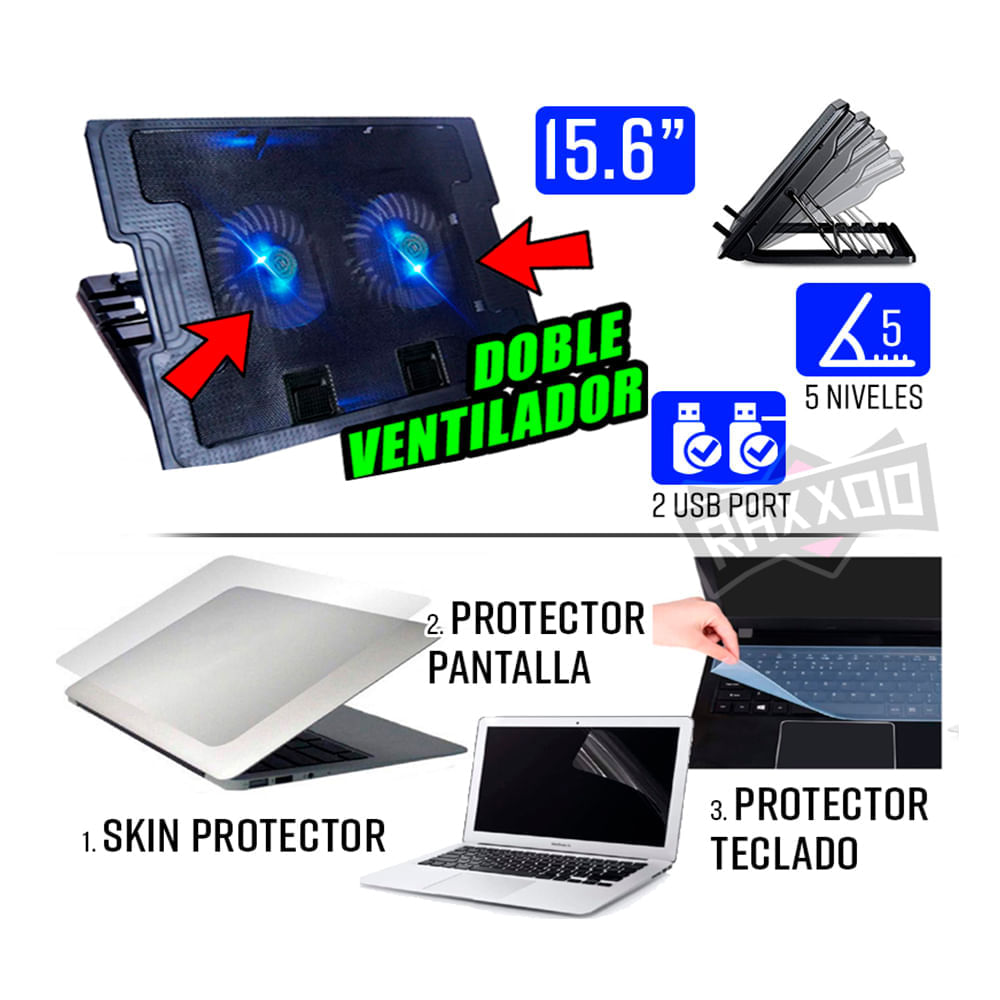 Kit Cooler doble Led p Laptop 15.6 + Skin Protector Pantalla Teclado