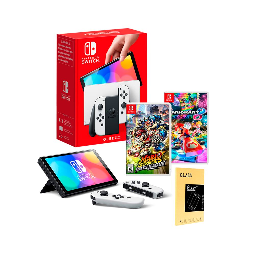 Nintendo Switch Oled Blanco + Mario Kart 8 + Mario Strikers + Mica