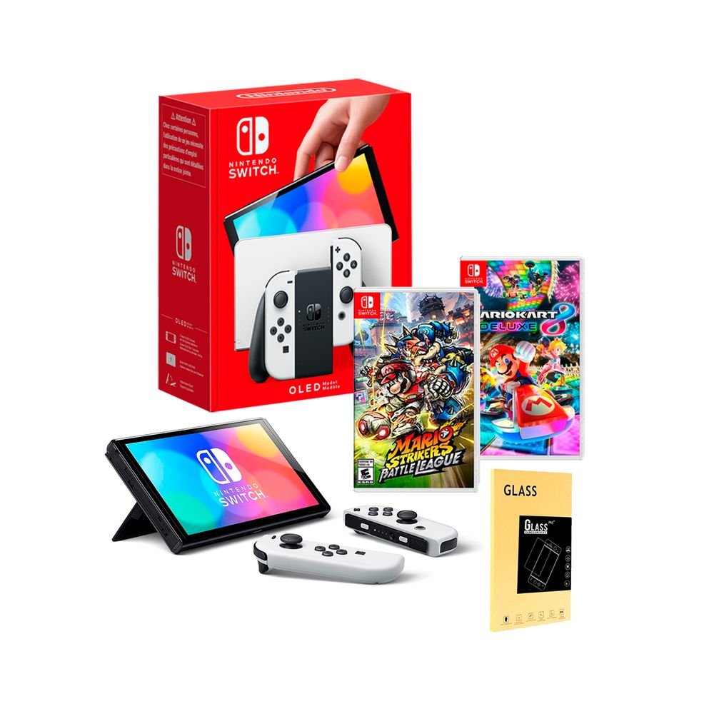 Consola Nintendo Switch Oled Blanco + Mario Kart 8 + Mario Strikers + Mica